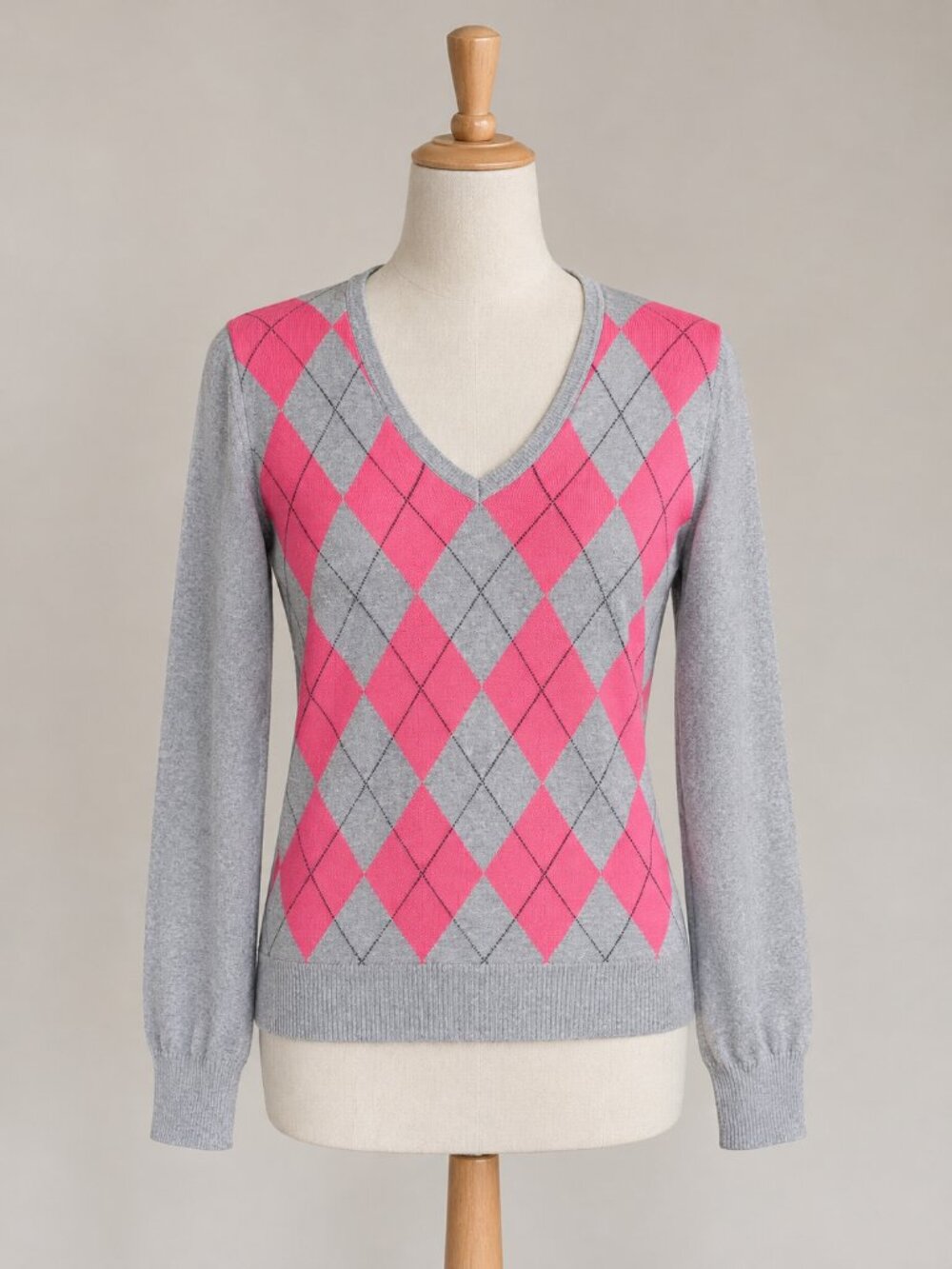 Tommy Hilfiger Argyle V-neck Cotton Sweater Pink and Gray Size M